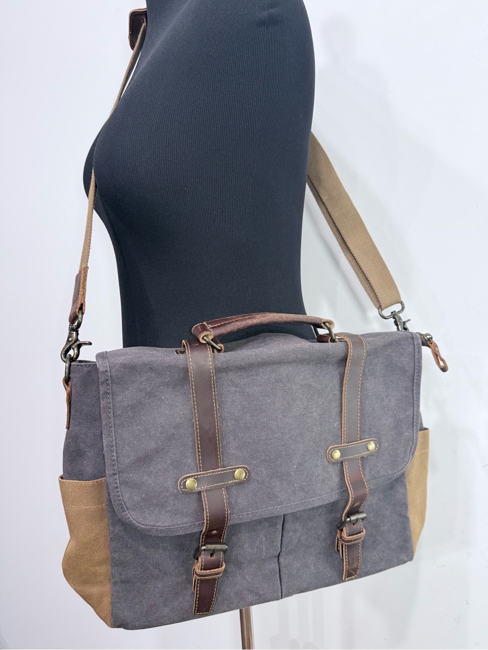 Newhey Gray Brown Thick Waxed Canvas Laptop Commuter Academic Satchel Bag - Picture 6 of 16
